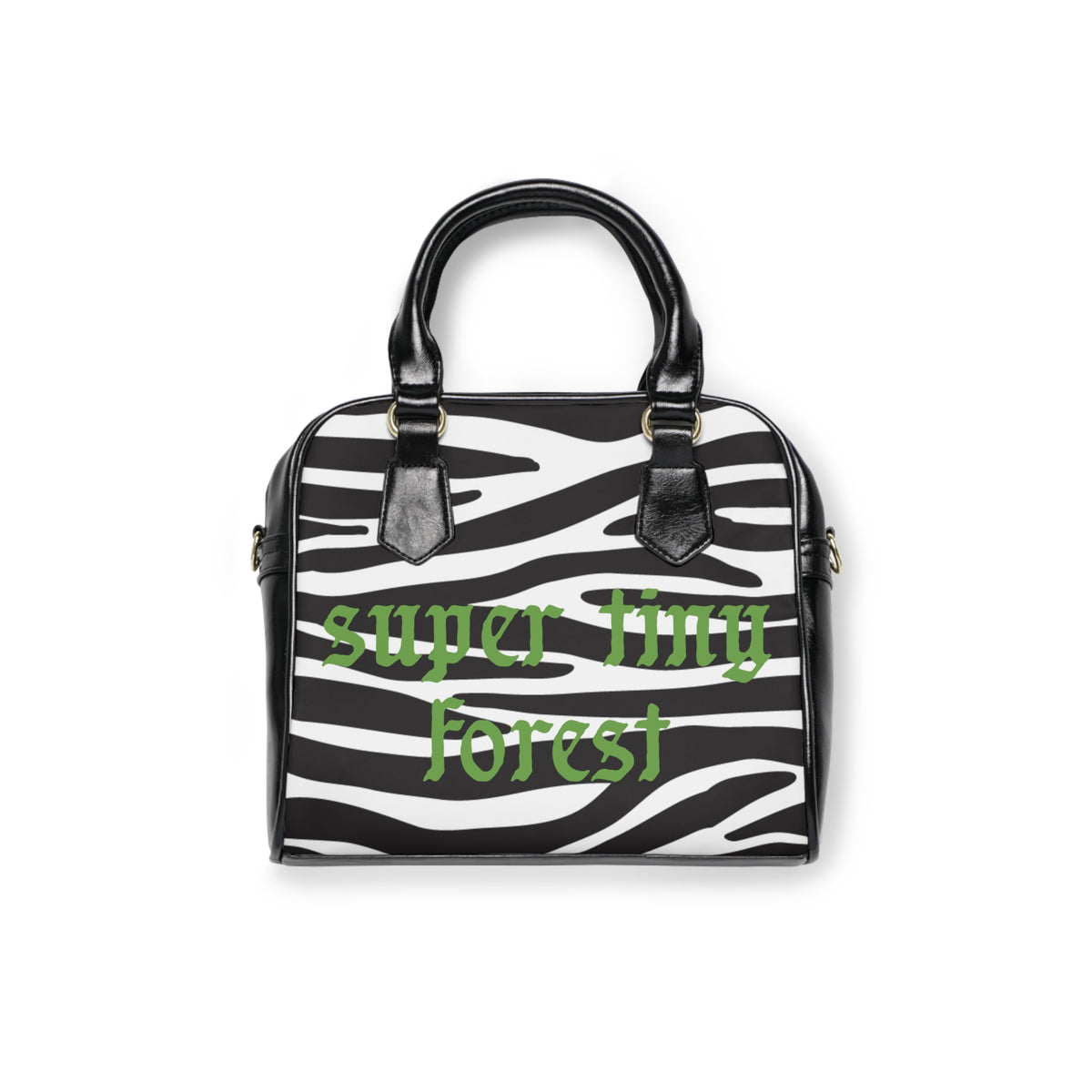 Zebra Print Shoulder Handbag — 'Super Tiny Forest' Green Script Tote
