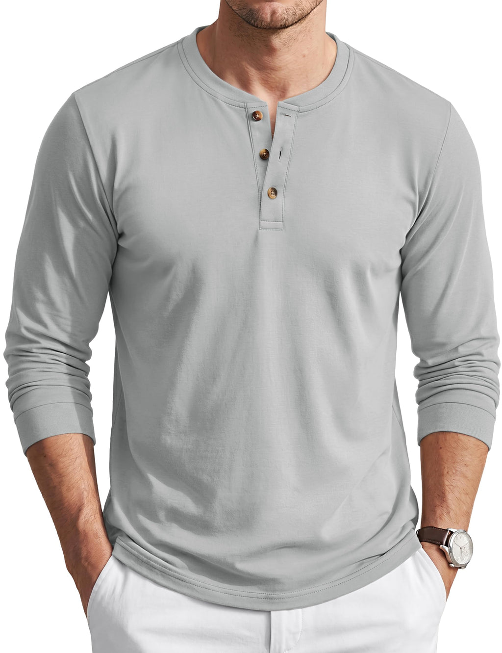 Henley Shirts Cotton Long Sleeve Shirt with 3-Button