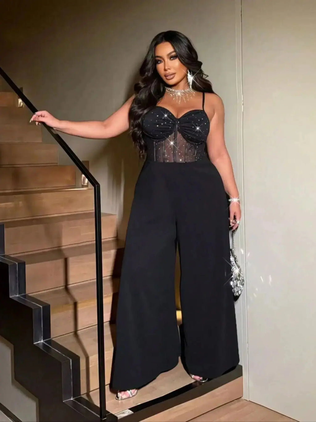 Shimmer Mesh Wide-Leg Jumpsuit