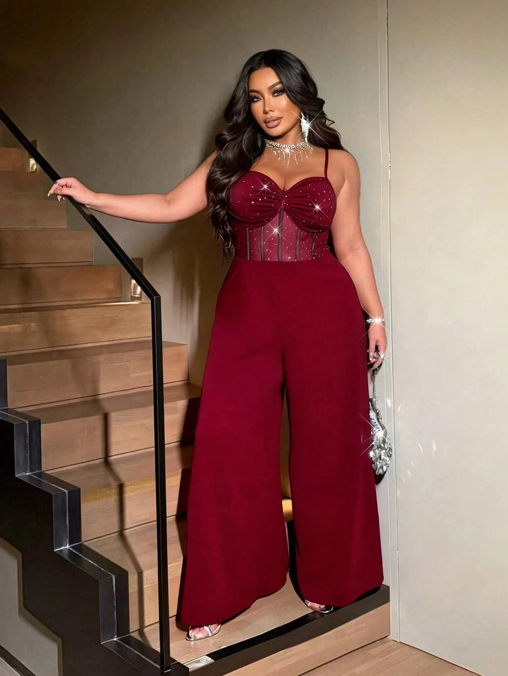 Shimmer Mesh Wide-Leg Jumpsuit