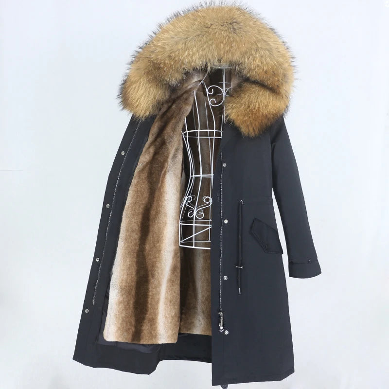 OFTBUY 2022 nueva parka extralarga, chaqueta de invierno impermeable, mujer, capucha de piel natural de mapache zorro, abrigo de piel auténtica, ropa de calle desmontable