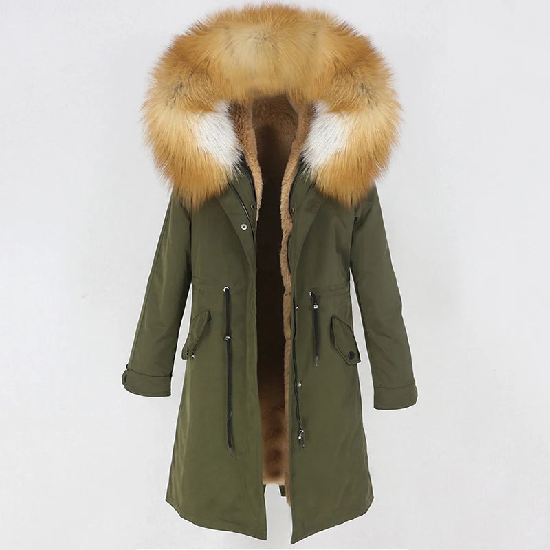 OFTBUY 2022 nueva parka extralarga, chaqueta de invierno impermeable, mujer, capucha de piel natural de mapache zorro, abrigo de piel auténtica, ropa de calle desmontable
