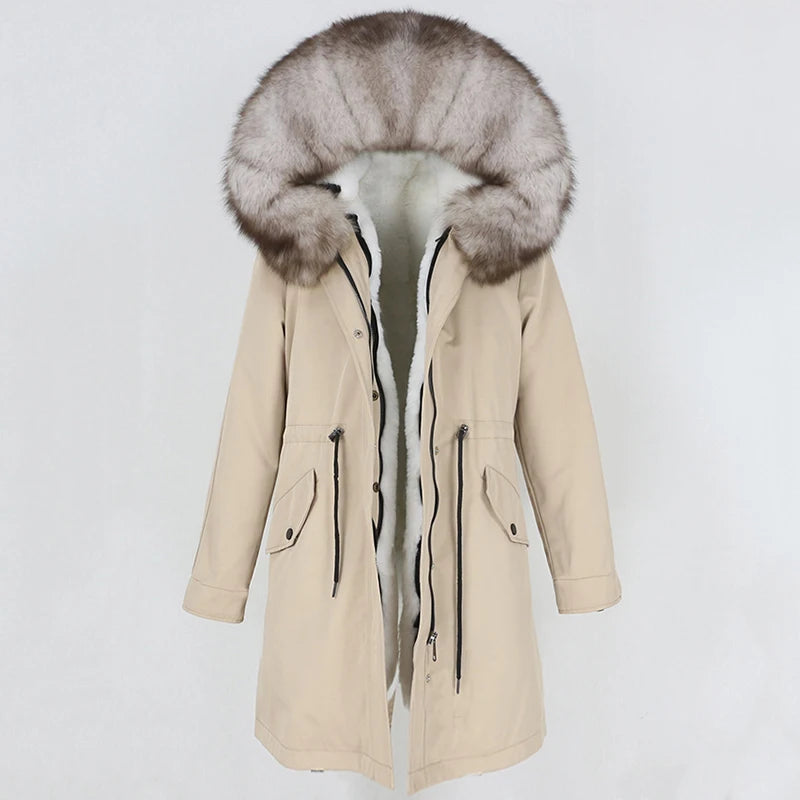 OFTBUY 2022 nueva parka extralarga, chaqueta de invierno impermeable, mujer, capucha de piel natural de mapache zorro, abrigo de piel auténtica, ropa de calle desmontable