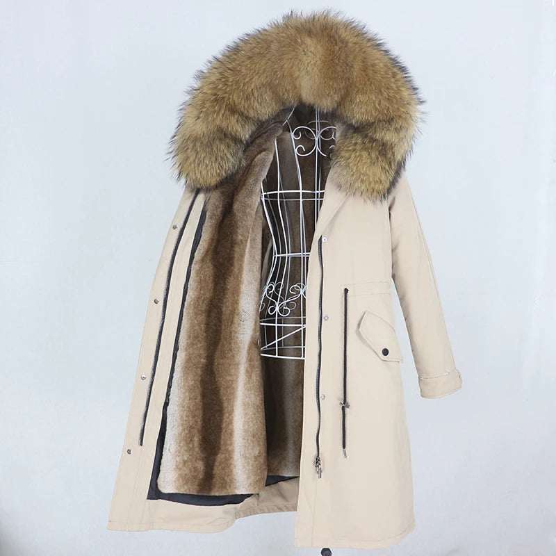 OFTBUY 2022 nueva parka extralarga, chaqueta de invierno impermeable, mujer, capucha de piel natural de mapache zorro, abrigo de piel auténtica, ropa de calle desmontable