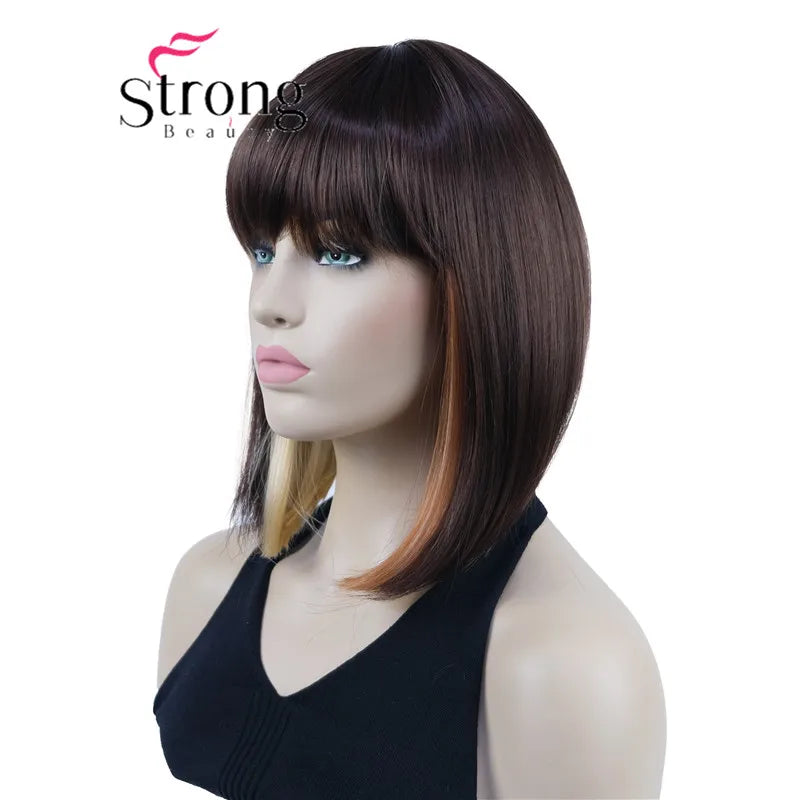 Short Straight Blonde Highlighted Bob with Bangs Synthetic Wig Black Brown Red