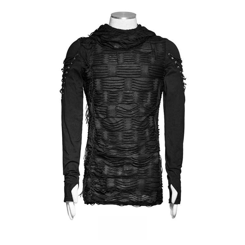 Distressed Hole Knit Hooded Long Sleeve Top
