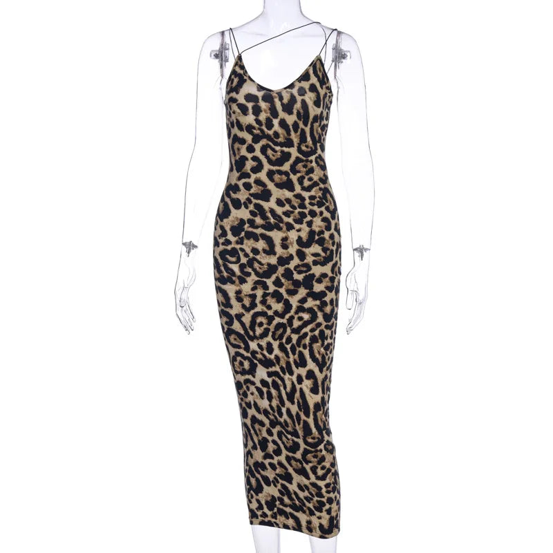 Vestido midi sexy sin mangas con escote en V y estampado de leopardo para mujer, moda urbana de primavera, atuendos para fiesta de Navidad