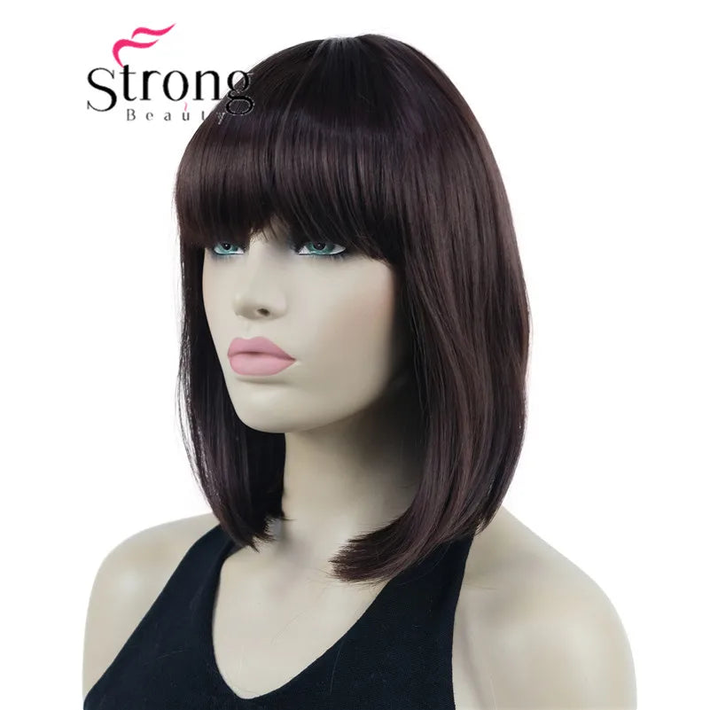 Short Straight Blonde Highlighted Bob with Bangs Synthetic Wig Black Brown Red