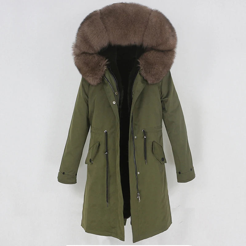 OFTBUY 2022 nueva parka extralarga, chaqueta de invierno impermeable, mujer, capucha de piel natural de mapache zorro, abrigo de piel auténtica, ropa de calle desmontable