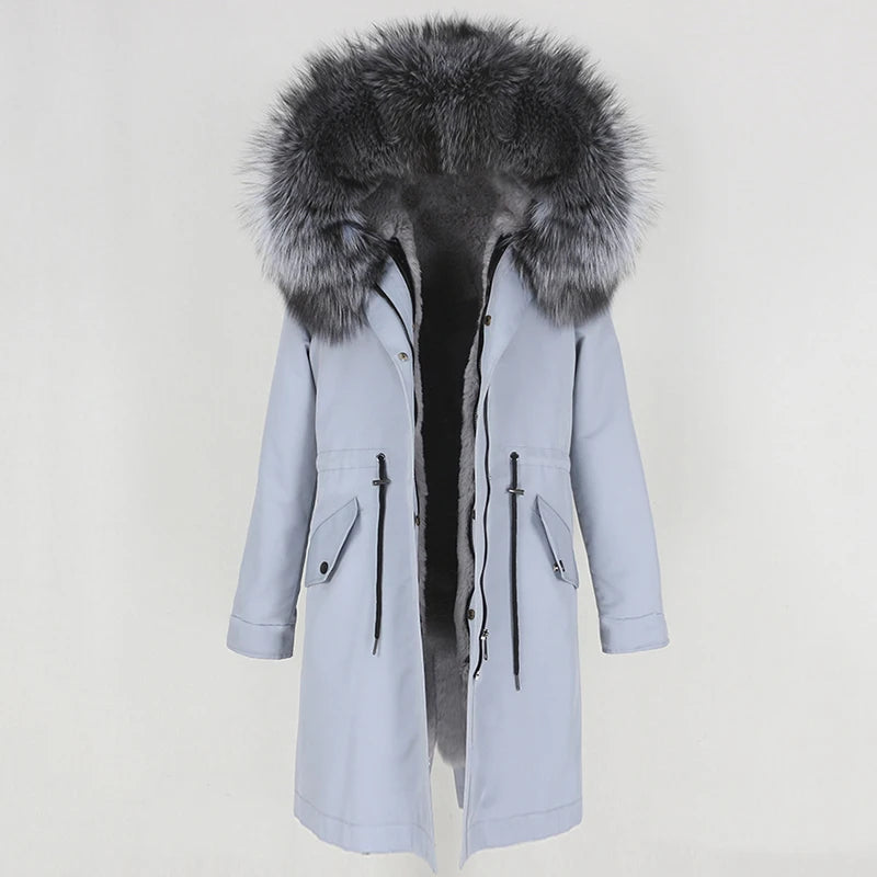 OFTBUY 2022 nueva parka extralarga, chaqueta de invierno impermeable, mujer, capucha de piel natural de mapache zorro, abrigo de piel auténtica, ropa de calle desmontable