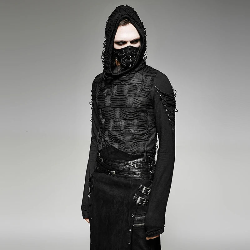 Distressed Hole Knit Hooded Long Sleeve Top