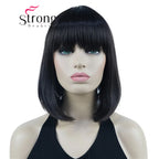 Short Straight Blonde Highlighted Bob with Bangs Synthetic Wig Black Brown Red