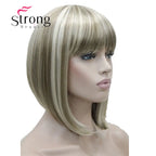 Short Straight Blonde Highlighted Bob with Bangs Synthetic Wig Black Brown Red