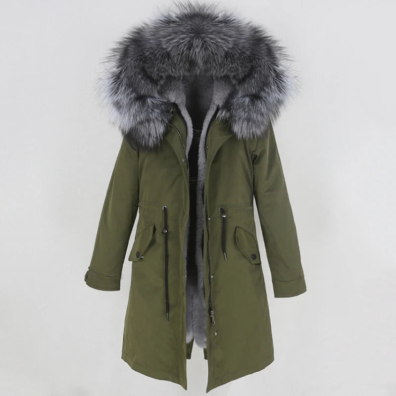 OFTBUY 2022 nueva parka extralarga, chaqueta de invierno impermeable, mujer, capucha de piel natural de mapache zorro, abrigo de piel auténtica, ropa de calle desmontable
