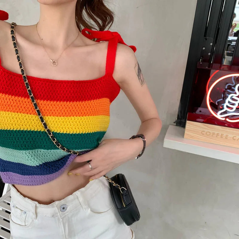 Ropa de verano 2022 Camiseta sin mangas a rayas arcoíris Chaleco de punto estampado bonito