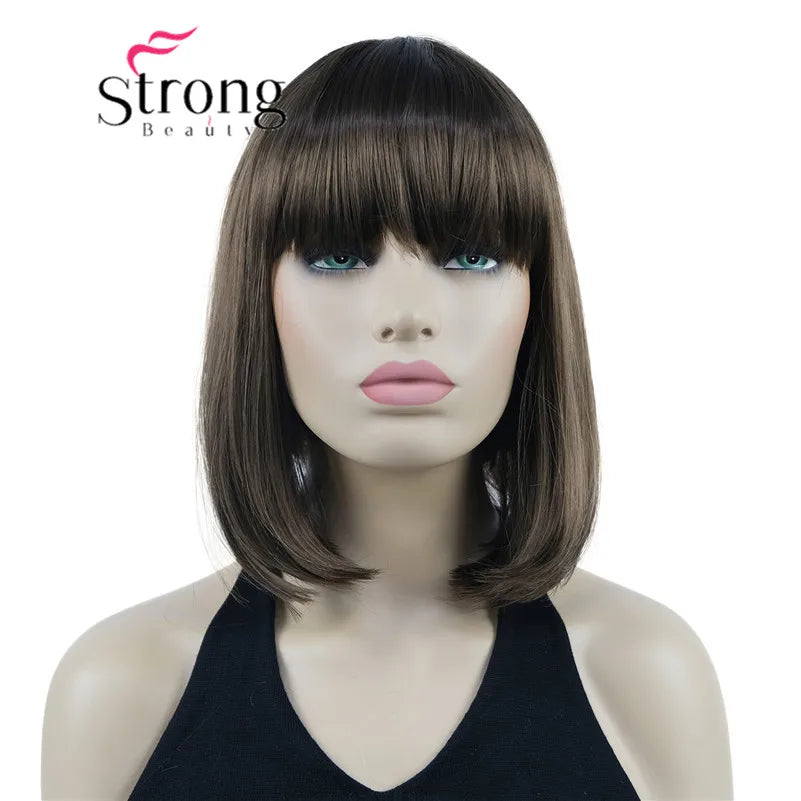 Short Straight Blonde Highlighted Bob with Bangs Synthetic Wig Black Brown Red