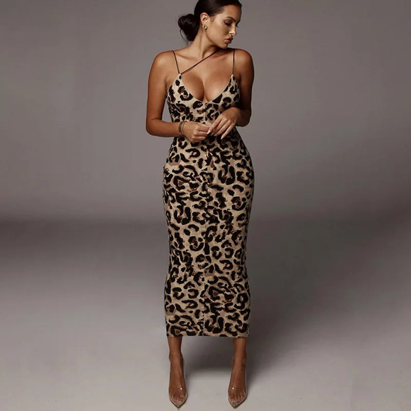 Vestido midi sexy sin mangas con escote en V y estampado de leopardo para mujer, moda urbana de primavera, atuendos para fiesta de Navidad