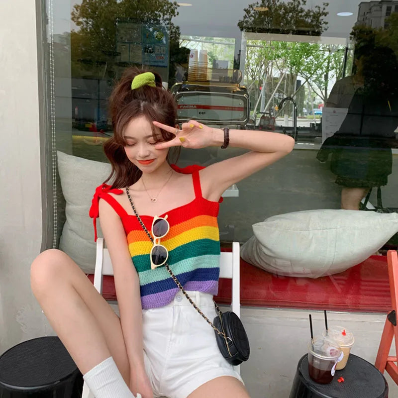 Ropa de verano 2022 Camiseta sin mangas a rayas arcoíris Chaleco de punto estampado bonito