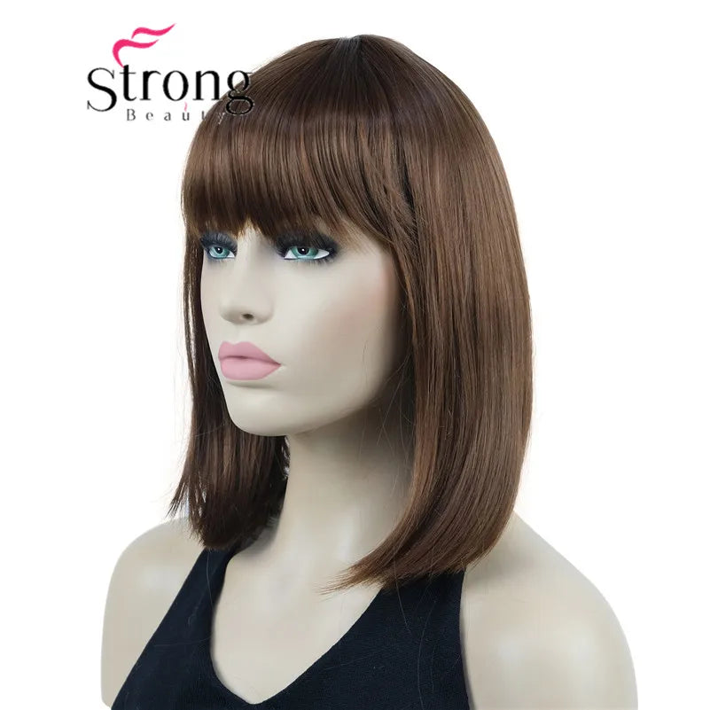 Short Straight Blonde Highlighted Bob with Bangs Synthetic Wig Black Brown Red