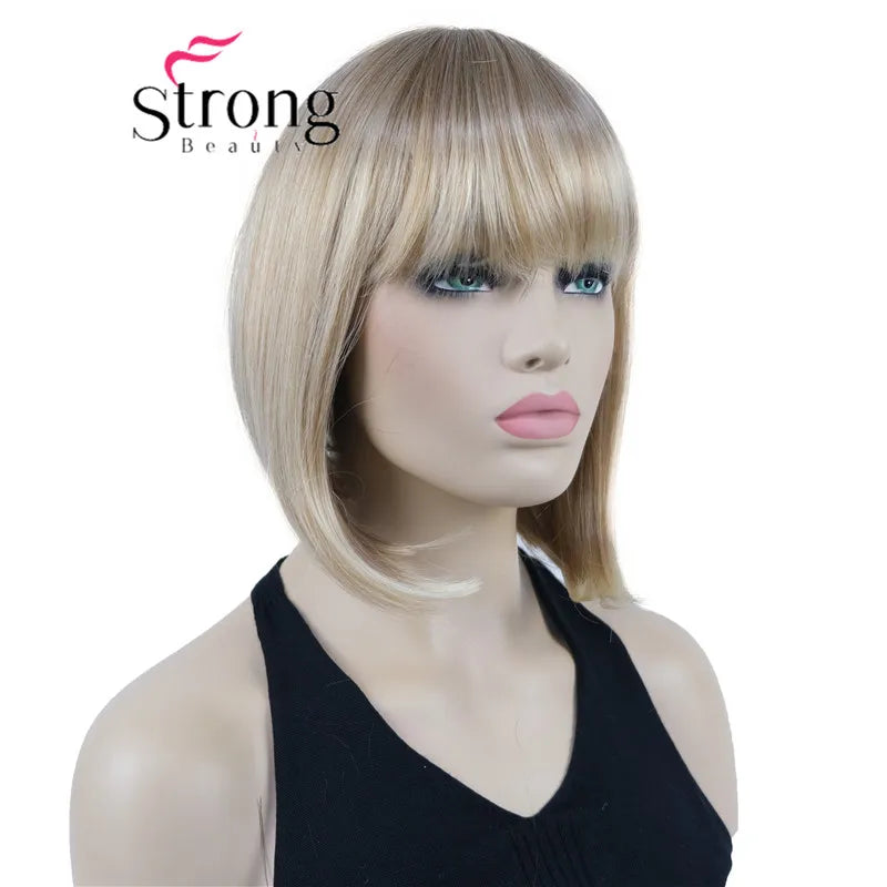 Short Straight Blonde Highlighted Bob with Bangs Synthetic Wig Black Brown Red