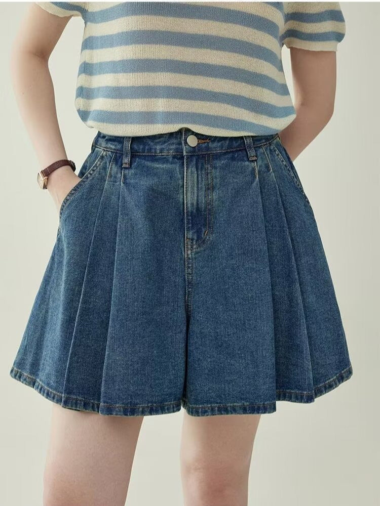 Shorts vaqueros plisados de talle alto y pierna ancha