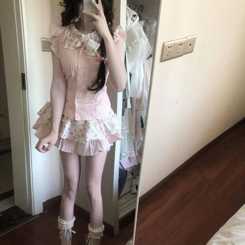 Sweet Ruffle Lace Puff Sleeve Top + Cake Skirt Set