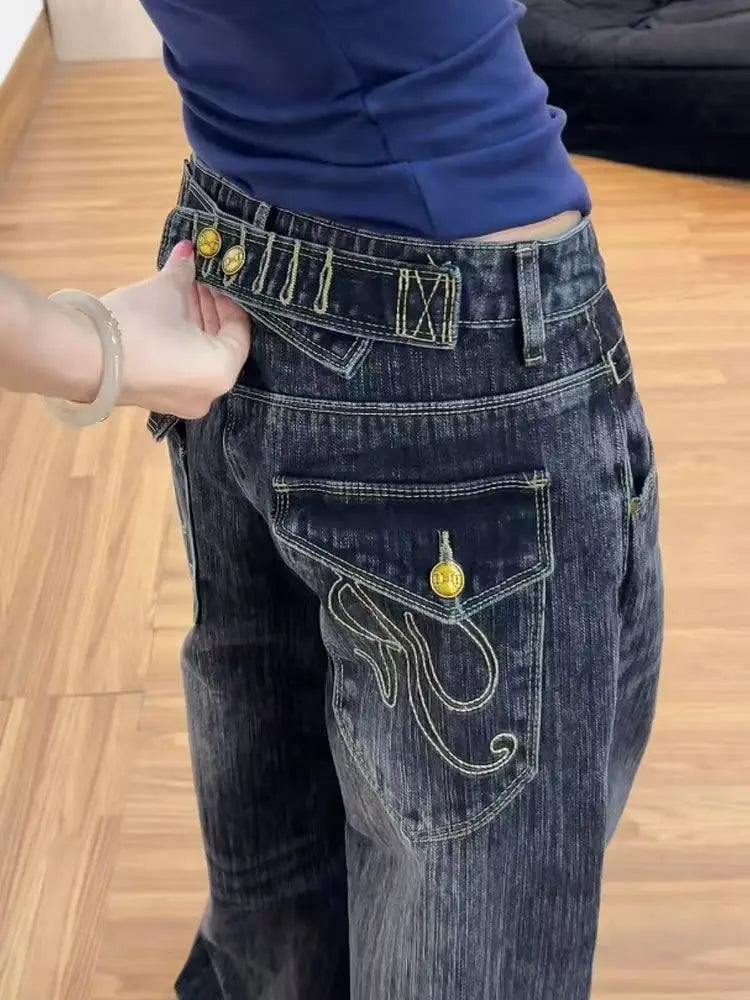 washed button design straight leg loose jeans
