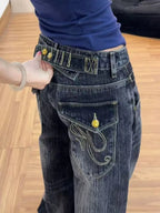 washed button design straight leg loose jeans