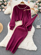 Long Sleeve Pearl Sweater + Knitted Camis Dress Set