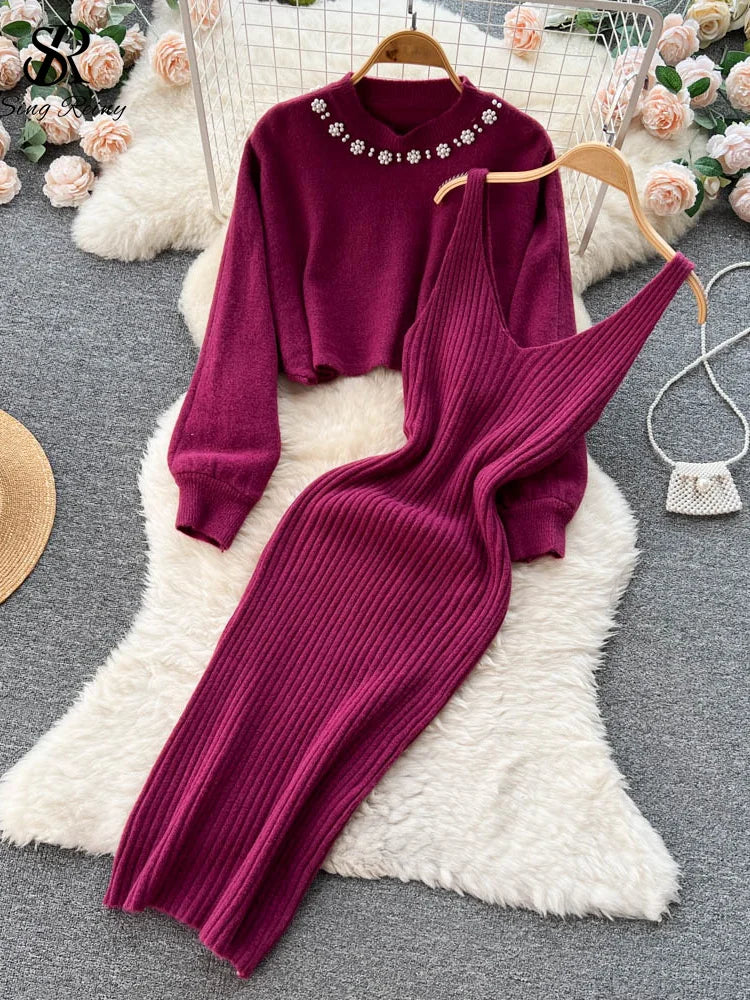 Long Sleeve Pearl Sweater + Knitted Camis Dress Set