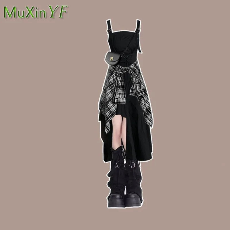 Conjunto de dos piezas de camisa a cuadros y vestido sexy irregular a juego, moda de verano/otoño, elegante cárdigan de estilo coreano con falda a rayas para mujer