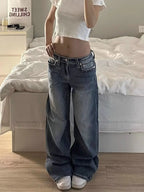 Vaqueros americanos retro desgastados con bordado en los bolsillos, diamantes de imitación, pantalones de mezclilla, pantalones de pierna recta, nuevos para mujer, estilo urbano