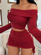 Off-The-Shoulder Solid Color Skirt Set