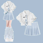 Short Sleeve Shirt Top + Short Pleated Skirt Two Piece Set