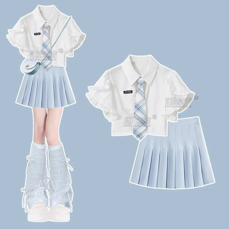 Short Sleeve Shirt Top + Short Pleated Skirt Two Piece Set