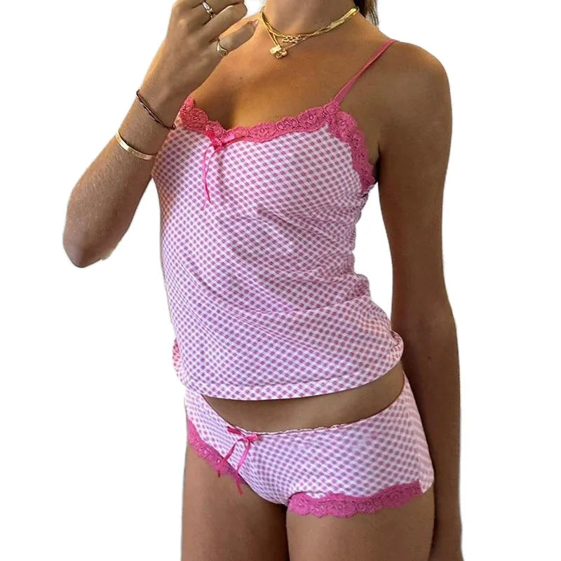 Lace Trim Cami Tank Tops + Micro Shorts Set
