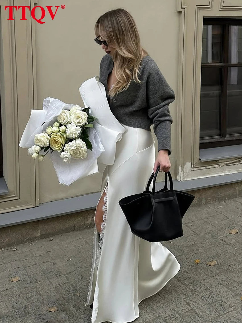 Falda suelta de satén blanco para mujer TTQV Fashion 2026, falda larga sexy de cintura alta, falda clásica elegante con abertura, ropa de mujer