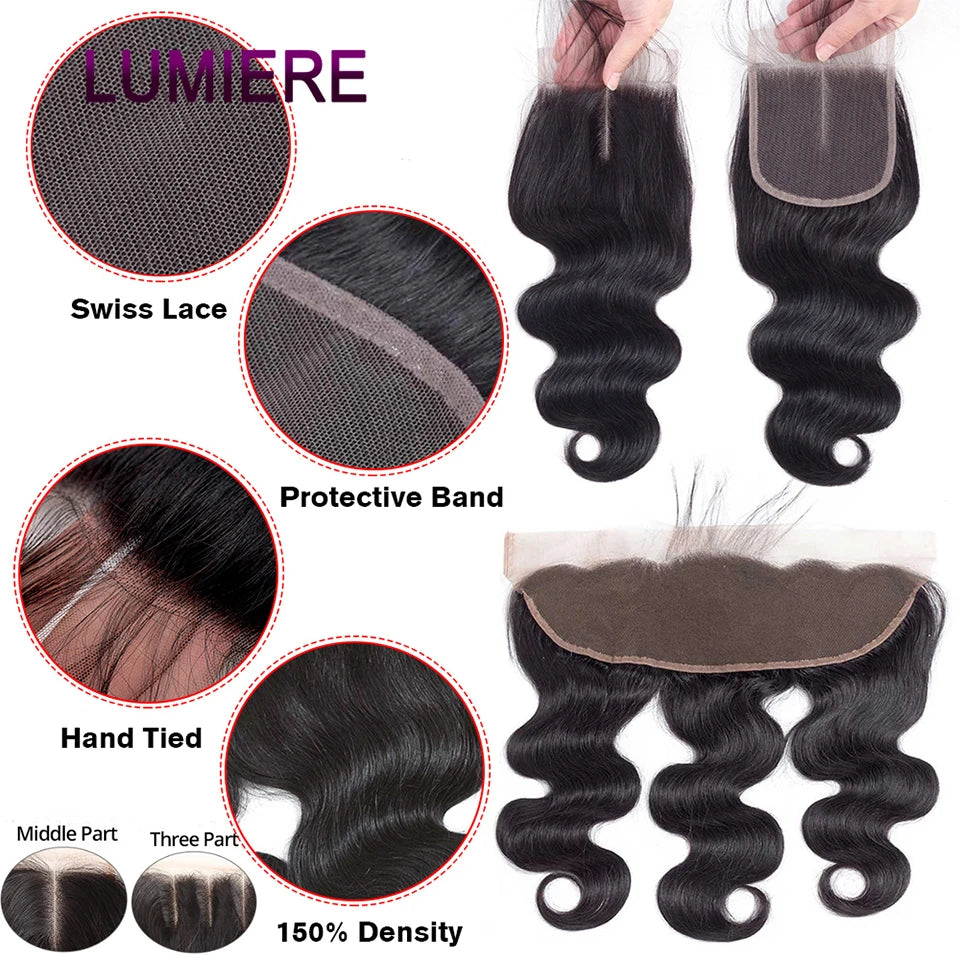 Body Wave 3/4 Bundles With Closure Frontal 5x5 6x6 HD Transparent Brazilian Human Hair Weave Extension Plucked Hairline Soft For Woman Body Wave Bundle With Closure Frontal HD Transparent Virgin Raw Human Hair 3/4 Bundle Hair