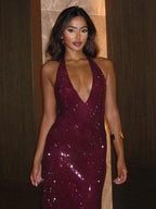 Halter Open-Back V-Neck Sequins Dress