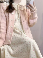 Knit Oversized Cardigan + Peter Pan Collar Floral Dress Set