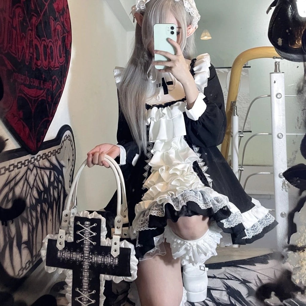 Ruffled Fairy Sweet Long Sleeve Dress Kawaii Lolita Lace Patchwork Dresses Y2k Aesthetic Ball Gown Contrast Color  Robe Women