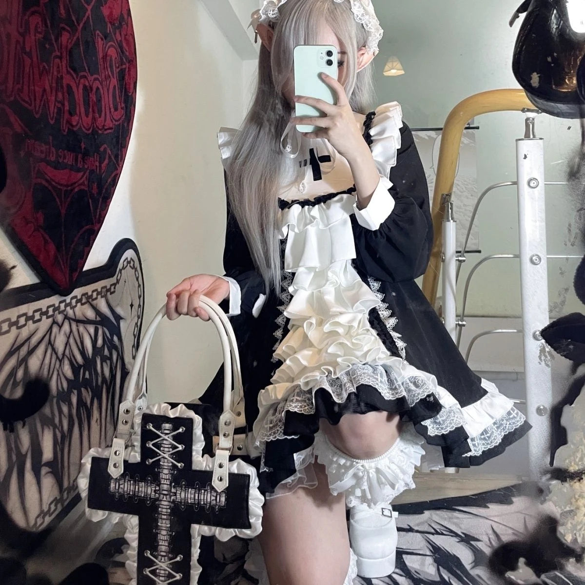 Ruffled Fairy Sweet Long Sleeve Dress Kawaii Lolita Lace Patchwork Dresses Y2k Aesthetic Ball Gown Contrast Color  Robe Women