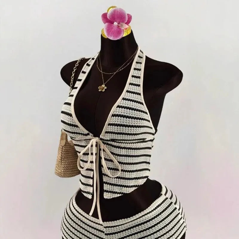 Knitted Lace up Slim Fit Halterneck Vest + Half-Length Shorts Set