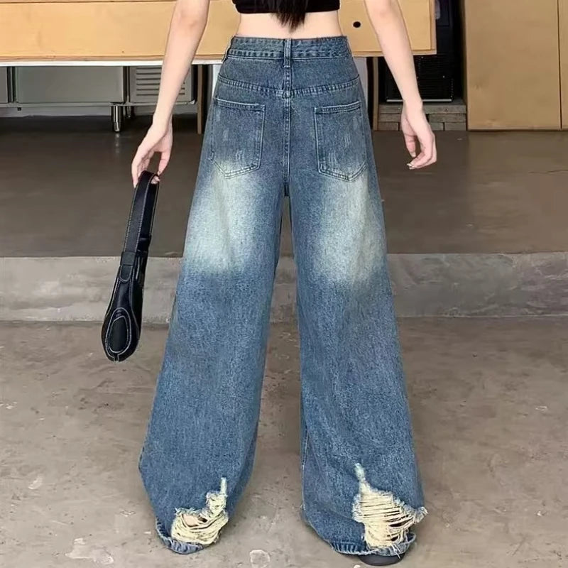 Pantalones casuales de mezclilla para mujer, jeans vintage rectos, pantalones de moda de otoño y primavera para mujer, azules, de pierna ancha con rotos