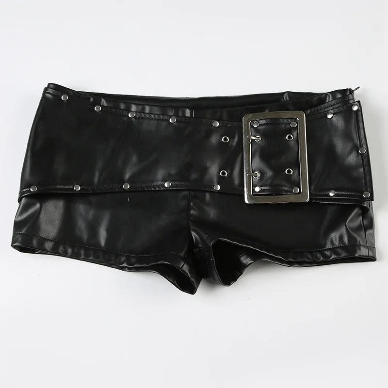 Pantalones cortos de cuero de cintura baja con remaches y hebilla sexy para mujer, estilo Y2k Spice Girl Punk, nueva colección otoño 2025