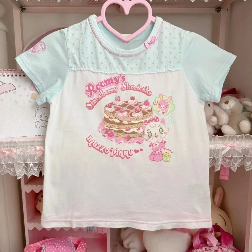 Blusa Estampada Kawaii Sweet Lolita para Mujer Manga con Volantes Encaje Camiseta con Ribete de Lazo Decoración Personaje de Dibujos Animados Estampado Integral Top Lindo