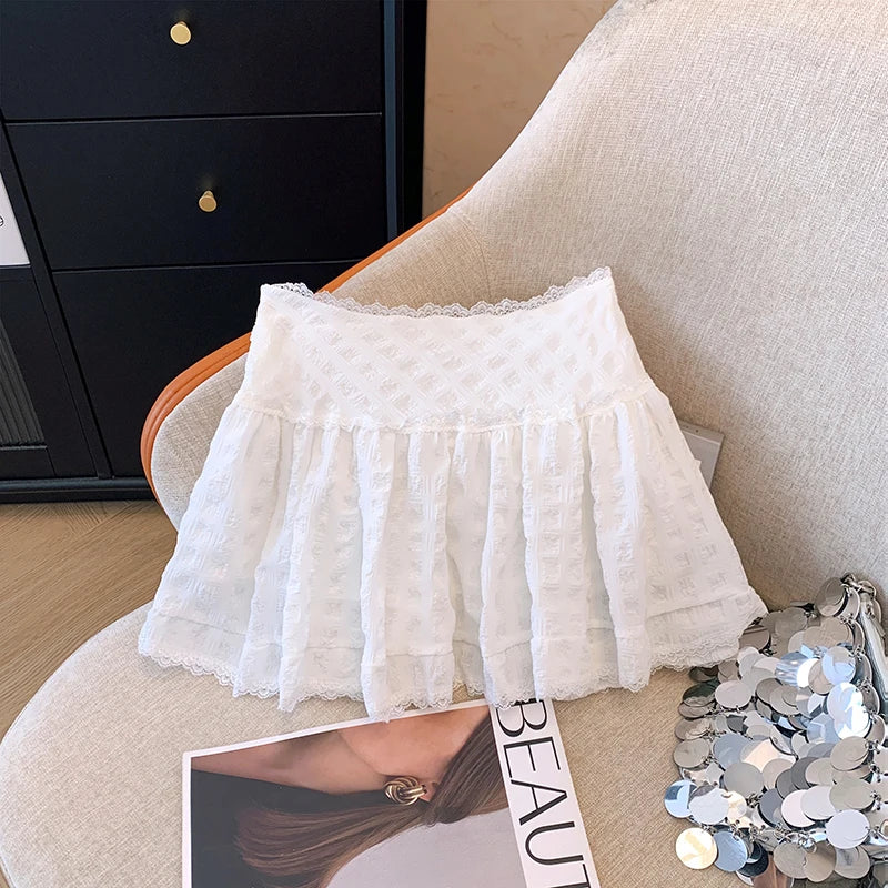 Minifalda de talle bajo Y2K con volantes escalonados y encaje, falda corta blanca de verano para mujer, adolescente, conjunto femenino estilo Barbiecore