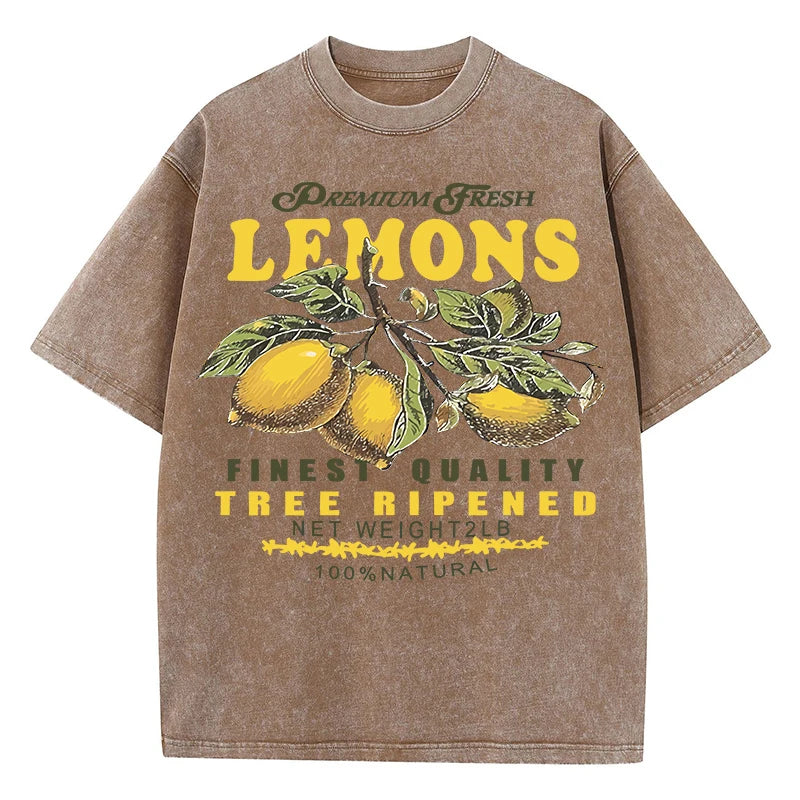 Premium Fresh Lemons Fruit Print Washed T-Shirt