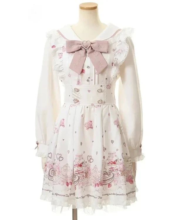 Vestido japonés JK dulce falso de dos piezas Kawaii nuevo con lazo estampado, vestidos Lolita delgados a la moda, trajes vintage Harajuku para mujer, estilo hada