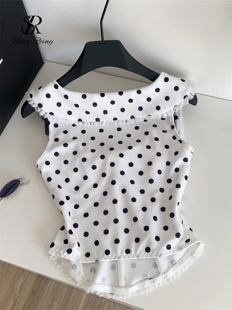 Polka Dot Bow Neckline Lace Trim Corset Top